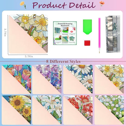 Diamond Art Painting Bookmarks,8Pcs DIY Cute Diamond Art Kits for Adults, Corner Bookmarks Small Crafts Kit for Women Book Lovers (Flower)