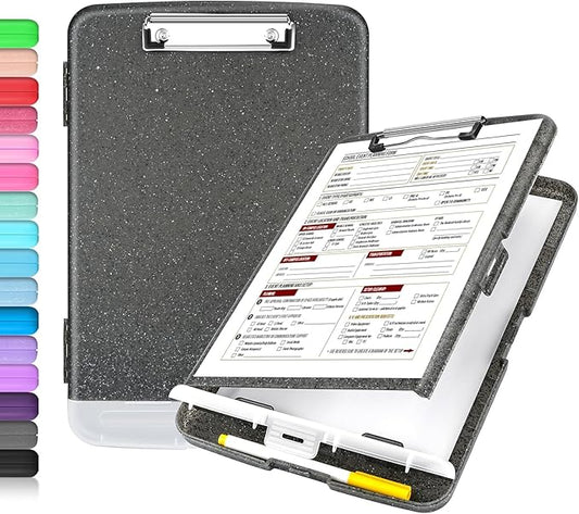 Sooez Glitter Clipboard with Storage, High Capacity Storage Clipboard with Pen Holder, Cute Clip Boards 8.5x11 with Low Profile Clip, Sparkle Plastic Clipboard Case Box for Women & Kids, Side Opening