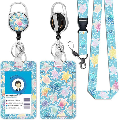 Cute Sea Turtle ID Badge Holder with Breakaway Lanyard, Lanyards for ID Badges Ajustable, Retractable Badge Reel Heavy Duty, Funny Teacher Nurse Work Office Gifts