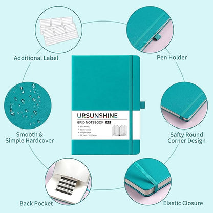 Graph Grid Paper Notebook/Journal - Classic Journal/Notebook with Ribbon Divider, Hardcover with Thick Paper, 5.3" x 8.26", Banded + Pen Holder +Inner Pocket - Cyan