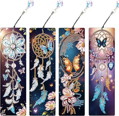 4 Pieces Diamond Painting Bookmarks for Adults 5D Rhinestone Art Bookmarks Dreamcatcher Art Beautiful Butterfly Bookmarks DIY Diamond Painting Bookmarks with Tassels Crafts Supplies