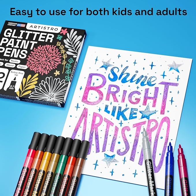 ARTISTRO 12 Glitter Paint Pens Sparkly and Shiny for Rock Painting, Stone, Ceramic, Glass, Wood, Fabric, Scrapbooking, DIY Craft Making, Coloring, Acrylic Glitter Markers Extra-Fine Tip 0.7mm