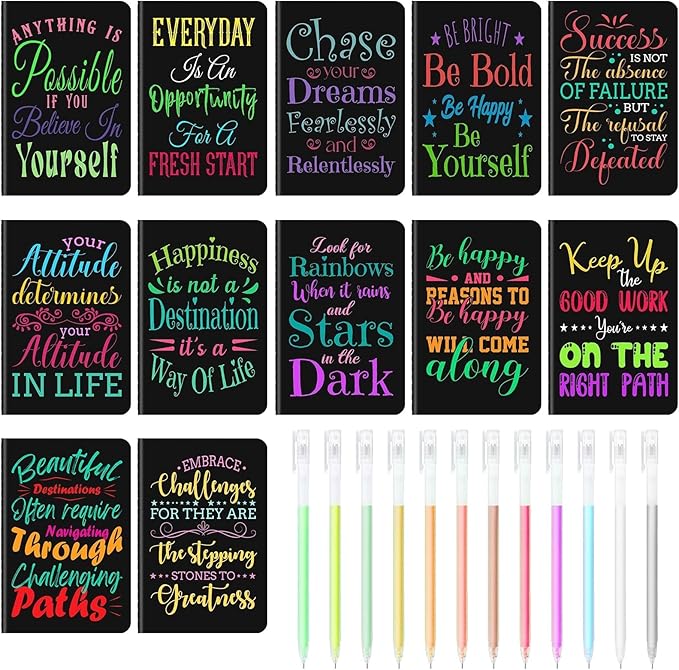 12 Pcs Mini Inspirational Notebooks Bulk with 12 Pcs Colorful Pens, Small Pocket Journal Notepads Set, Motivational Bulk Gifts for Women Men Teacher Student Kids, Fun School Office Supplies,3.5"x5.5"