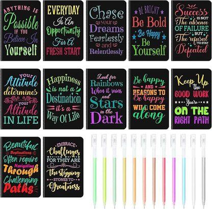 12 Pcs Mini Inspirational Notebooks Bulk with 12 Pcs Colorful Pens, Small Pocket Journal Notepads Set, Motivational Bulk Gifts for Women Men Teacher Student Kids, Fun School Office Supplies,3.5"x5.5"