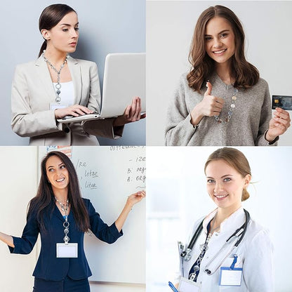 Hicarer 3 Pcs ID Badge Lanyard Necklace with ID Holder Clip Stainless Steel Beaded Chain Retractable Badge Reel Valentine (Chic Style)