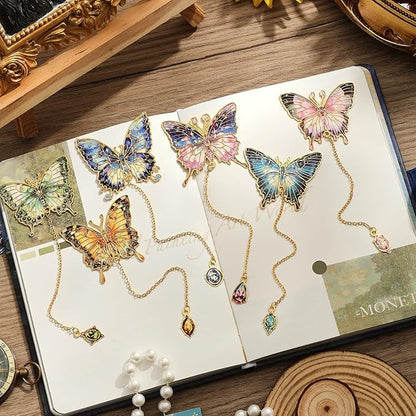 6 Pieces Metal Butterfly Bookmarks with Chain, Golden Hollow Bookmark Monet Van Gogh Oil Painting Theme Book Mark Bookmarks for Book Lovers Writers Readers Children Teens for Women