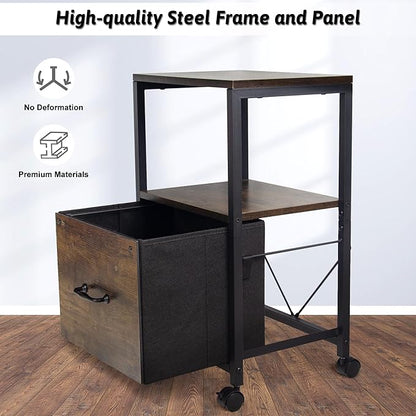 2 Tier Metal Mobile Under Desk Home Printer Stand with Storage Drawer Small File Cabinet for Home Office with Wheels Printer Tables for Small Spaces, Rustic Brown