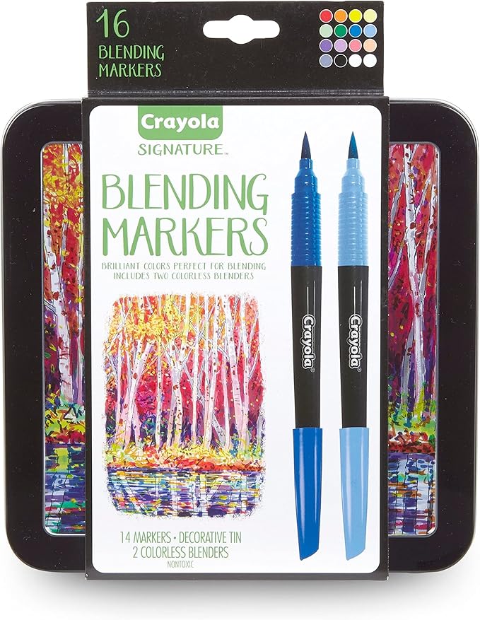 Crayola Blending Marker Kit with Decorative Case, 14 Vibrant Colors & 2 Colorless Blending Markers