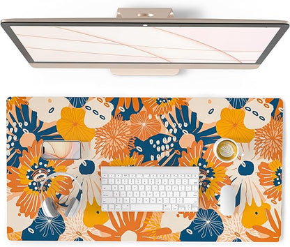 QIYI Large Desk Pad, Floral Mouse Pad Desktop Decor, Waterproof PU Leather Desk Cover Protector, Desk Accessories for Office Home Work Writing Gaming 31.5" x 15.7" - Orange Blue Flowers
