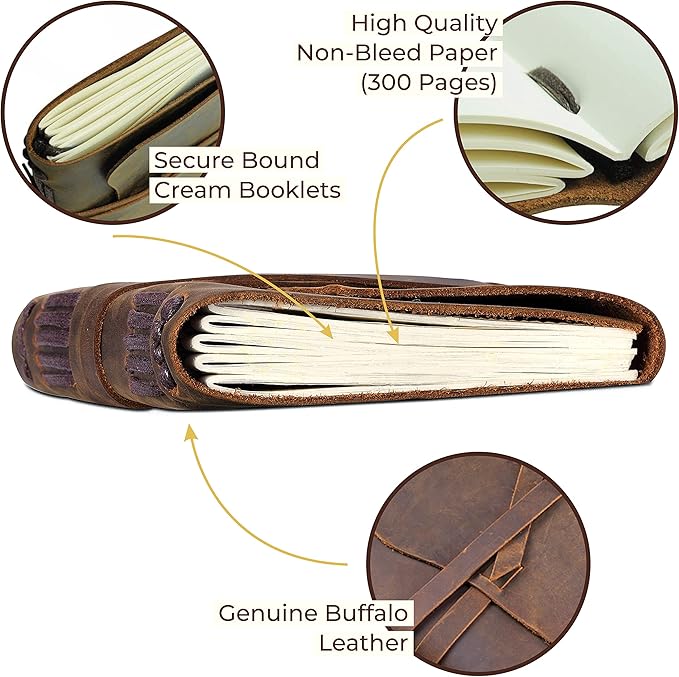 Sovereign-Gear Leather Bound Journal for Men and Women, A5 Handmade Journal Gift Set with Antique Notebook and Stylish Pen, Vintage and Classic, Sketchbook, Planner and Diary (300 Pages) (8x6)