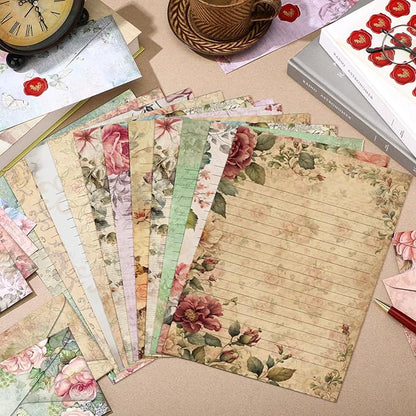 TaoBary 160 Packs Stationery Paper Set (50 Double Sided Stationery Writing Papers 50 Matching Envelopes) 60 Round Dot Sticker, 10 Design(Vintage Floral,8.5 x 11 Inch)