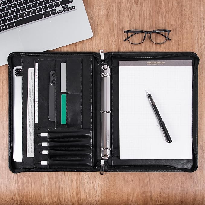AZXCG Padfolio for Men, 3 Ring Binder Portfolio Folder Vegans Leather, Personalized Padfolio with A4 Notepad Holder, Business Legal Pad Document Organizer, Handmade Zipper Binder Padfolio, Black
