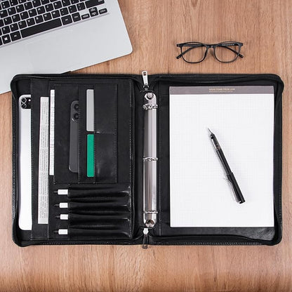 AZXCG Padfolio for Men, 3 Ring Binder Portfolio Folder Vegans Leather, Personalized Padfolio with A4 Notepad Holder, Business Legal Pad Document Organizer, Handmade Zipper Binder Padfolio, Black