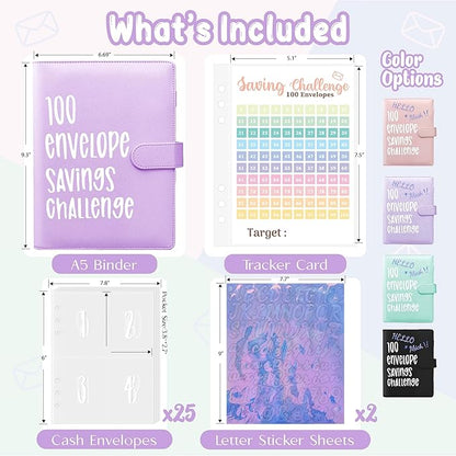 Axolotl 100 Envelopes Money Saving Challenge Binder, A5 Savings Budget Challenges Binders with Cash Envelopes, 100 Days Envelope Saving Binder Book, Budget Planner (Matt Purple)