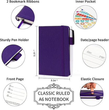 feela 15 Pack Pocket Small Notebooks Bulk, Mini Cute Notepads Hardcover College Ruled Lined Journals with Pen Holder for School Business Memos, with 15 Black Pens, 3.5”x 5.5”, A6, Purple