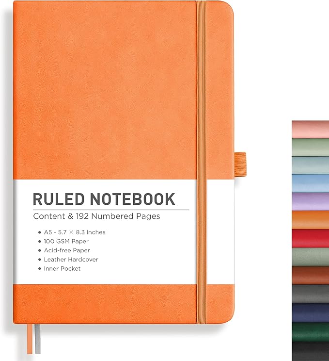 RETTACY Journaling Notebooks, A5 Lined Journal Notebook with 192 Numbered Pages, 5.7'' × 8.3'' Medium Size, for Writing, Work, Office, Leather Hardcover, 100 GSM Thick Paper (Orange)