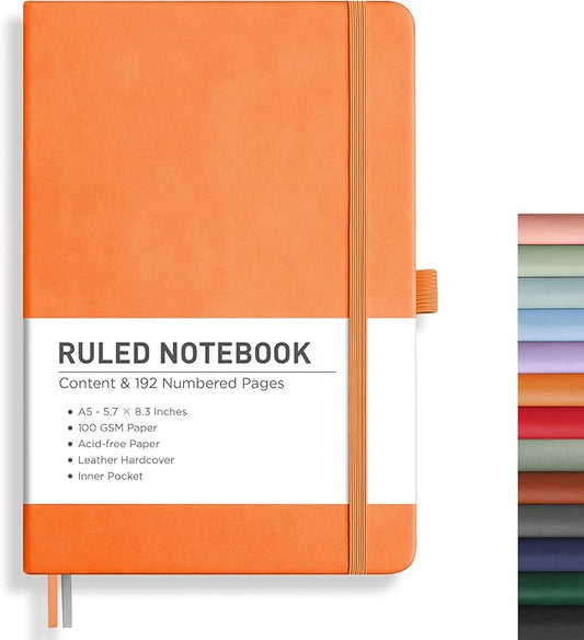 RETTACY Journaling Notebooks, A5 Lined Journal Notebook with 192 Numbered Pages, 5.7'' × 8.3'' Medium Size, for Writing, Work, Office, Leather Hardcover, 100 GSM Thick Paper (Orange)