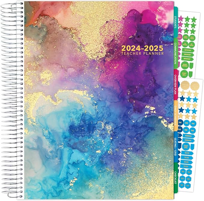 Aug 2024-Jul 2025 Deluxe Teacher Planner Notebook 8.5x11 Daily Weekly Monthly Organizers with 7 Periods, Pocket Folder, Dated Calendar, Page Tabs, Bookmark and Planning Stickers (Rainbow Gold Marble)