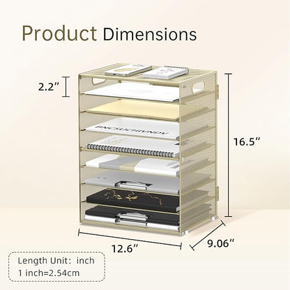 DALTACK 9-Tier Paper Letter Tray Desk Organizer with Handles, Mesh File Holder Organization, File Organizer for Desk Paper Sorter for Office Home School, Golden Yellow