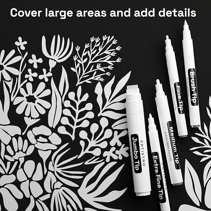 ARTISTRO 5 White Acrylic Paint Pens, Acrylic Paint Markers Different Tip, Fabric Markers for Textile, Canvas, Rock, Glass, Wood, Paper, DYI, Pens for Kids and Adults