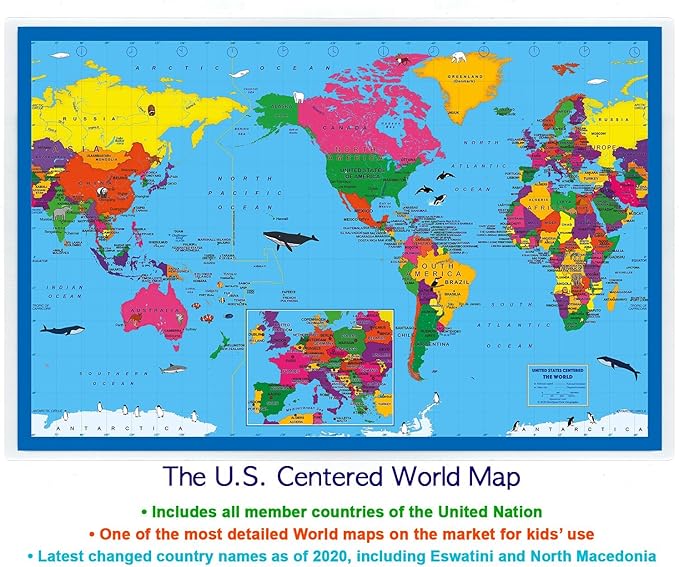 2-Sided Desk Map with Durable Lamination (1 Desk Map: Children's US Map/US Centered World Map)