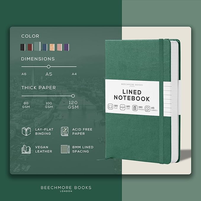BEECHMORE BOOKS Lined Journal Notebook, 5.8 x 8.3 inch, A5 160 Lined Pages, Hardcover Leather Journals for Women, Men, Writing and Notebooks for Work - 120 GSM Thick Paper, Gifts Box Included