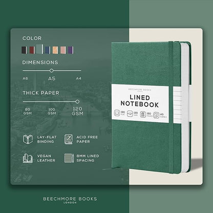 BEECHMORE BOOKS Lined Journal Notebook, 5.8 x 8.3 inch, A5 160 Lined Pages, Hardcover Leather Journals for Women, Men, Writing and Notebooks for Work - 120 GSM Thick Paper, Gifts Box Included