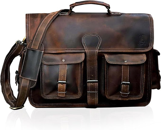 cuero Leather Briefcase Work Bag for Men Women Dark Brown Crossbody Genuine Leather Satchel Office Bag for Men Women 18 Inch Computer Travel Messenger Laptop Shoulder Bag Cureo