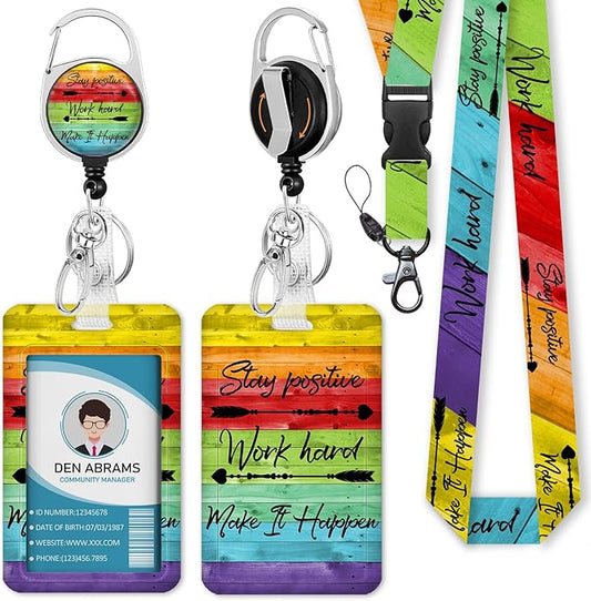 Lanyards for Id Badges, Positive Badge Holder with Retractable Reel Clip, Inspirational Quote Name Tag Keychain Rainbow Lanyard Vertical ID Card Protector for Women Nurse Doctor Teacher Student