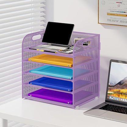 5 Tier Paper Organizer with Handle, Metal Mesh Desk Organizer File Folder Organizer Paper Letter Tray Desktop Document Sorter for Classroom, School, Office Organization and Storage - Purple