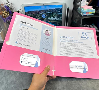 BIBRADAA® 50 Packs Pink Folders with Pockets,File Folder with Pockets Fit Letter Size Paper,File Folders Letter Size,Durable Paper Folders for School, Office, Business. (50, Pink)