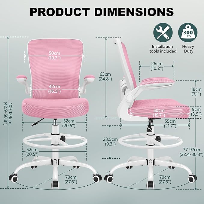 FelixKing Drafting Chair Ergonomic Tall Office Chair, Breathable Mesh Chair with Adjustable Footrest Ring Lumbar Support Flip-up Armrests, High Back Executive Comfy Task Computer Chair for Home Office