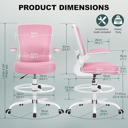 FelixKing Drafting Chair Ergonomic Tall Office Chair, Breathable Mesh Chair with Adjustable Footrest Ring Lumbar Support Flip-up Armrests, High Back Executive Comfy Task Computer Chair for Home Office