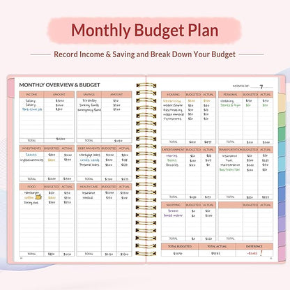 SUNEE Budget Planner - Monthly Budget Book with Expense Tracker Notebook, Undated 12 Month Bill Organizer & Finance Planner to Manage Your Money, A5(6.4" x 8.3") Account Book with Colorful Tab, Pink