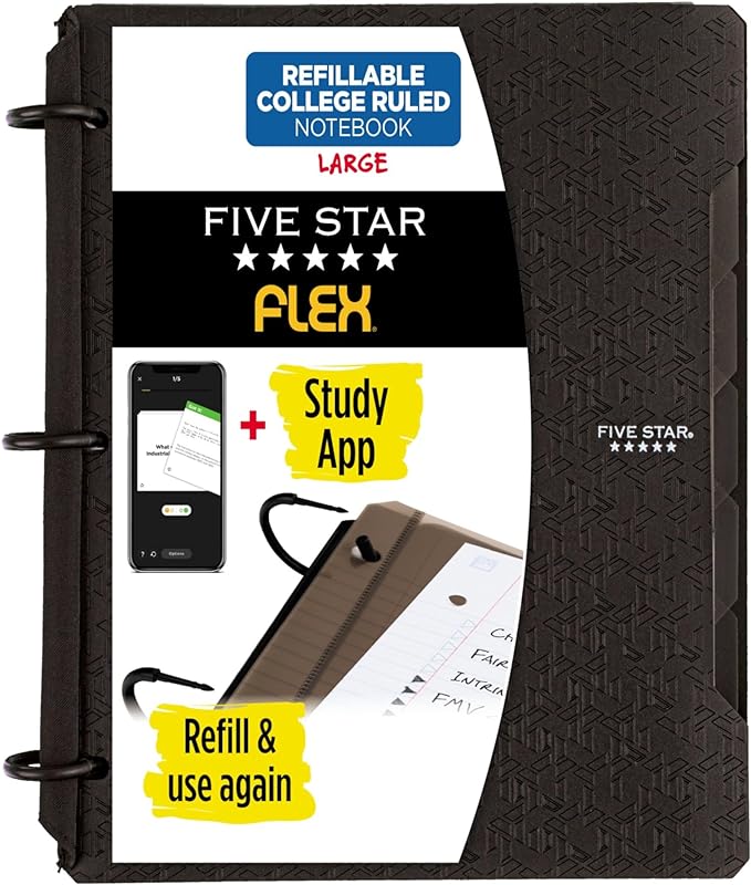 Five Star Flex Refillable Notebook + Study App, College Ruled Paper, 1 Inch TechLock Rings, Pockets, Tabs and Dividers, 200 Sheet Capacity, Black (29328AA2)