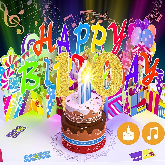 Gumry 10TH Musical Birthday PopUp Card, Blowable Colorful Light Candle 3D Cards with Song, Applause Cheers Sound, Greeting Cards Birthday Gifts Decorations for Women Men Turning 10 Years Old