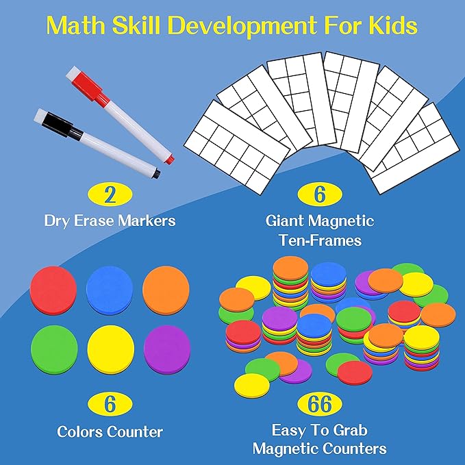 Magnetic Ten-Frame Set,6 Frames(with Blank Writing Space) and 66 Colorful Discs with 2 Markers (Upgraded Version for Fridge & Hand-held)