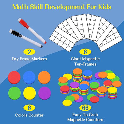 Magnetic Ten-Frame Set,6 Frames(with Blank Writing Space) and 66 Colorful Discs with 2 Markers (Upgraded Version for Fridge & Hand-held)