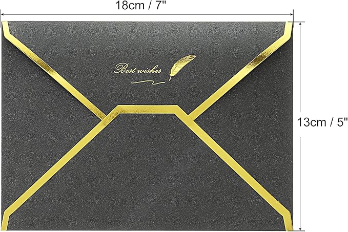 PATIKIL V Flap Envelopes, 10 Pack 7 x 5'' Luxury Style Gold Border Greeting Card Envelope for Invitations Weddings, Black