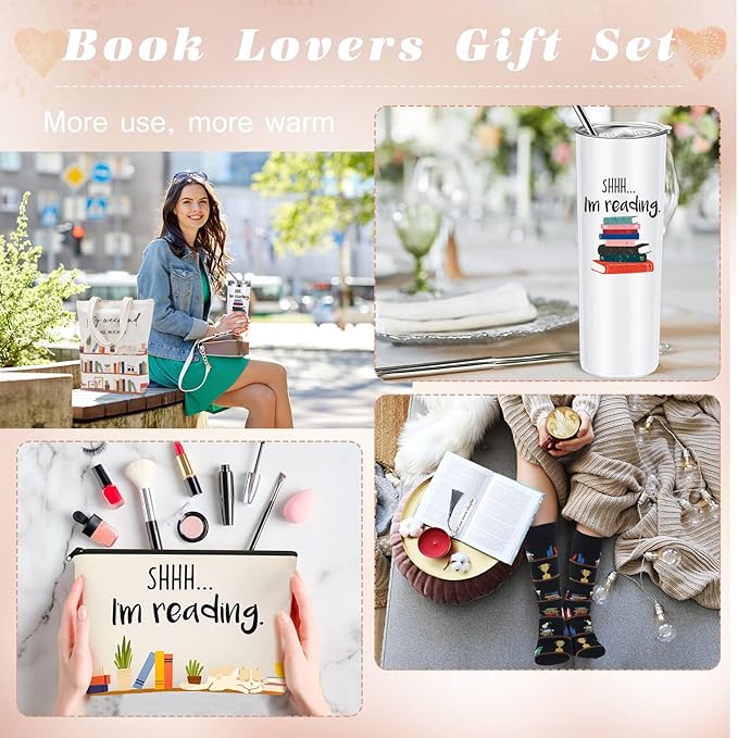 Silkfly 5 Pcs Book Lovers Gifts Set, Gifts for Book Lovers, Includes 20 oz Tumbler Socks Bookmark Tote Bag and Cosmetic Bag