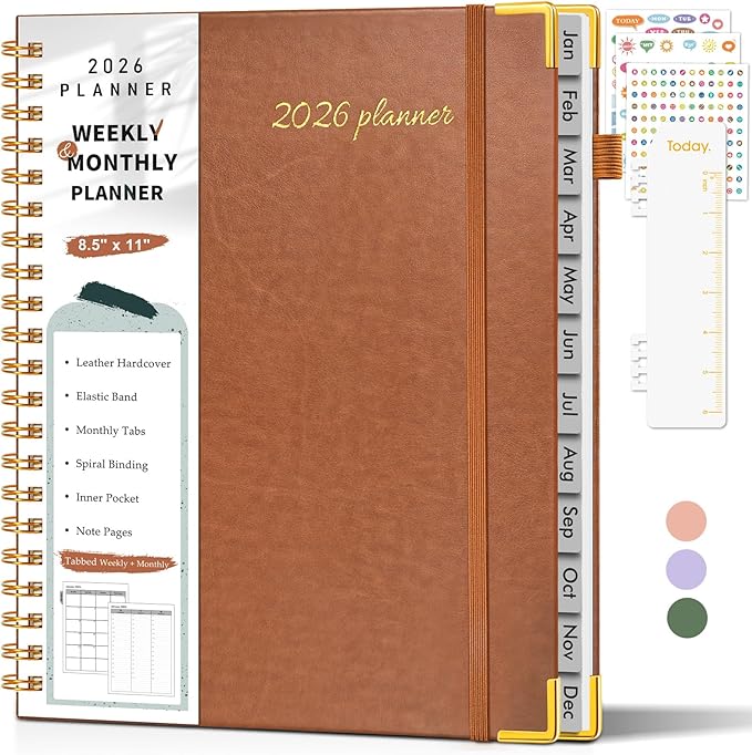 2026 Planner, Weekly and Monthly Calendar Planner from January 2026 - December 2026, 8.5" x 11" Hardcover Leather Hourly Appointment Book with Tabs, Spiral Daily Planners for College School Work Home, Brown