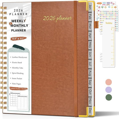2026 Planner, Weekly and Monthly Calendar Planner from January 2026 - December 2026, 8.5" x 11" Hardcover Leather Hourly Appointment Book with Tabs, Spiral Daily Planners for College School Work Home, Brown
