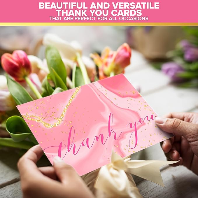 Decorably 24 Pack Glittery 6x4in Pink Thank You Cards with Envelopes and Stickers, 6 Elegant Designs Pink Thank You Notes, Blank Inside - Wedding, Baby Shower, Birthday