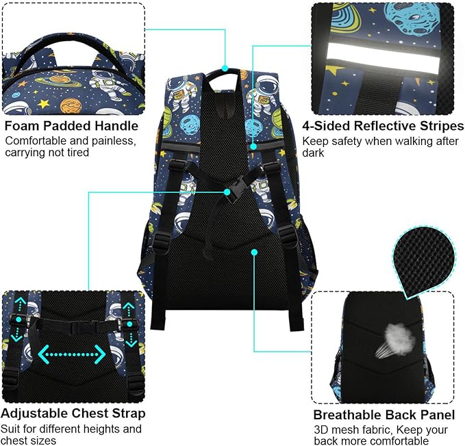 MNSRUU Laptop Backpack with Chest Strap, Astronauts and Alien in Space School Backpack, Travel Hiking Backpack for Boys Girls Teen Adult, Rucksack, Knapsack