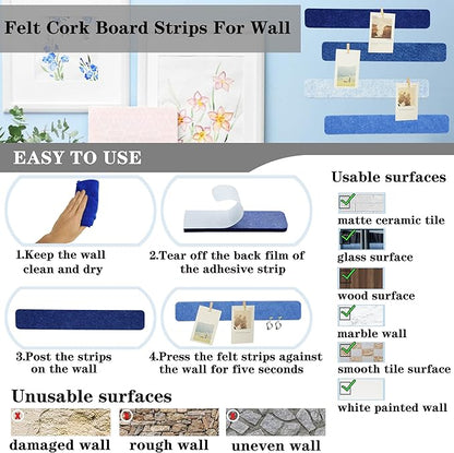 8Pcs Bulletin Board Strips, Blue Felt Pin Board Bar Strips with 50 Pushpins, Self-Adhesive Felt Cork Board Strips for Wall to Display Your Notes, Photos, Schedules, Announcements