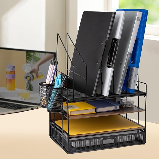 4 Tier Desk Organizers and Accessories, Paper Letter Tray Organizer,Vintage Wood Desk File Organizer with 5 Vertical File Holders and 2 Pen Holders for School Home Office Supplies