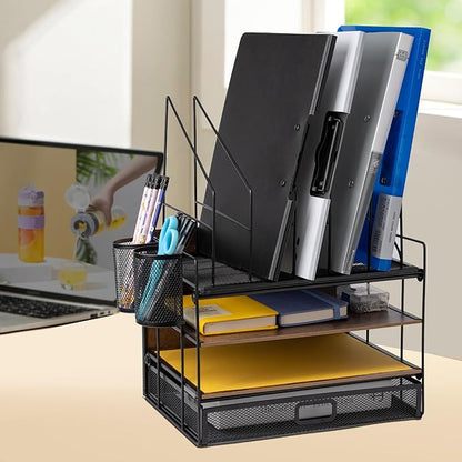 4 Tier Desk Organizers and Accessories, Paper Letter Tray Organizer,Vintage Wood Desk File Organizer with 5 Vertical File Holders and 2 Pen Holders for School Home Office Supplies