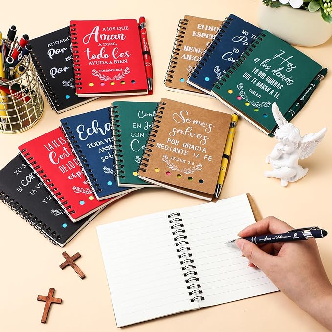 30 Sets Spanish Christian Gifts Bulk Religious Notebooks with Bible Verse Pens,inspirational Spiral Prayer Journal and Pen Set Church Gifts for Women Men Sunday Church Party Favors (Colorful)