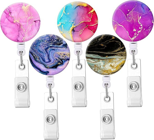 Retractable Badge Reel Clip, Badge Holder with Alligator Clip, Cute Badge Clip on ID Name Card Holders for Nurse Doctor and Office (5Pack Marble)