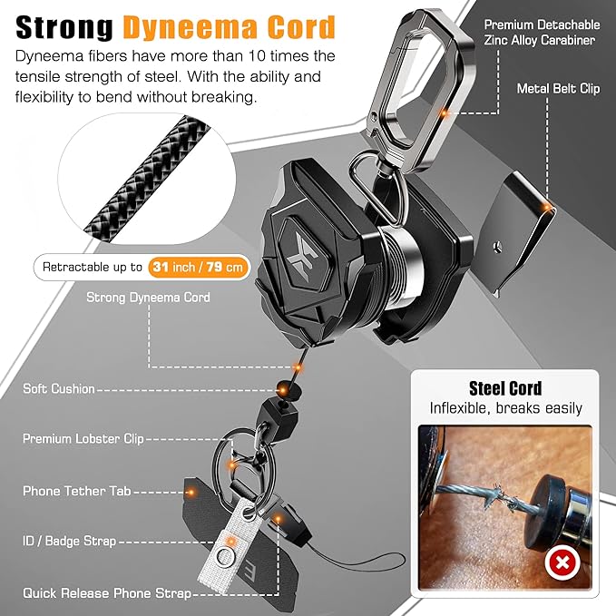 ELV Heavy Duty Retractable Keychain with Interval Locking, Belt Clip and Carabiner, ID Badge Key Reel, Retractable Badge Holder with 31” Dyneema Cord, Key Ring, Lobster Claw Clasp and Phone Tethers
